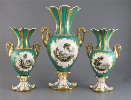 A garniture of three Rockingham porcelain vases, c.1830-42, Tallest 37cm, two smaller restored